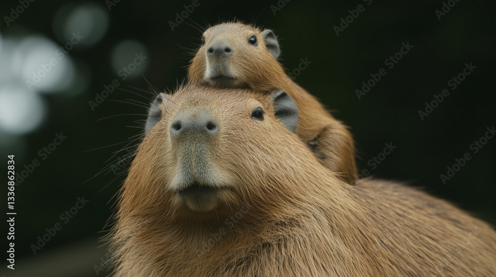 Wildlife portrait capybara family together in their natural environment Wildlife portrait capybara family together in their natural environment