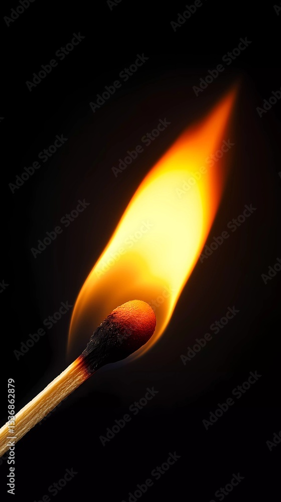 Ignited matchstick with flickering flame and glowing edges, showcasing warmth, fire hazard, and illumination, ideal for branding materials, artistic book style Ignited matchstick with flickering flame and glowing edges, showcasing warmth, fire hazard, and illumination, ideal for branding materials, artistic book style