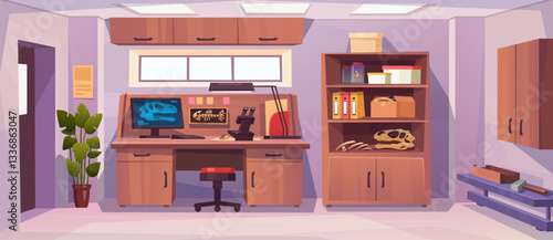 Paleontology lab interior with dinosaur fossils and research equipment. Laboratory room with a desk, microscope, and storage cupboards. Ancient history study concept. Horizontal vector illustration.