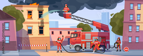 Firefighters battling a blaze in a city building with a fire truck on scene during daytime. Cartoon vector illustration of emergency response scene depicting a natural disaster.
