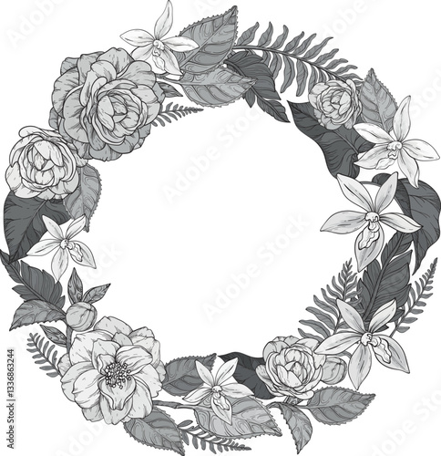A beautifully detailed monochrome floral vector illustration of a circular wreath made of camellia flowers, orchids, and lush leaves, elegantly arranged with fern accents on white background