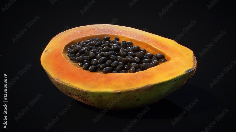 Close-up of a halved papaya. Seeds are visible inside Close-up of a halved papaya. Seeds are visible inside