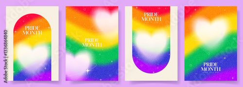 Pride Month cards collection. Vector concept of posters with blurry hearts, rainbow gradient backgrounds and aesthetic symbols. LGBTQ flyers for decoration social media, events, holiday.