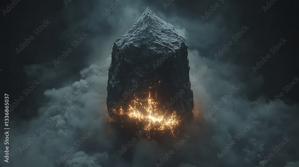 Glowing rock, dark clouds, night sky