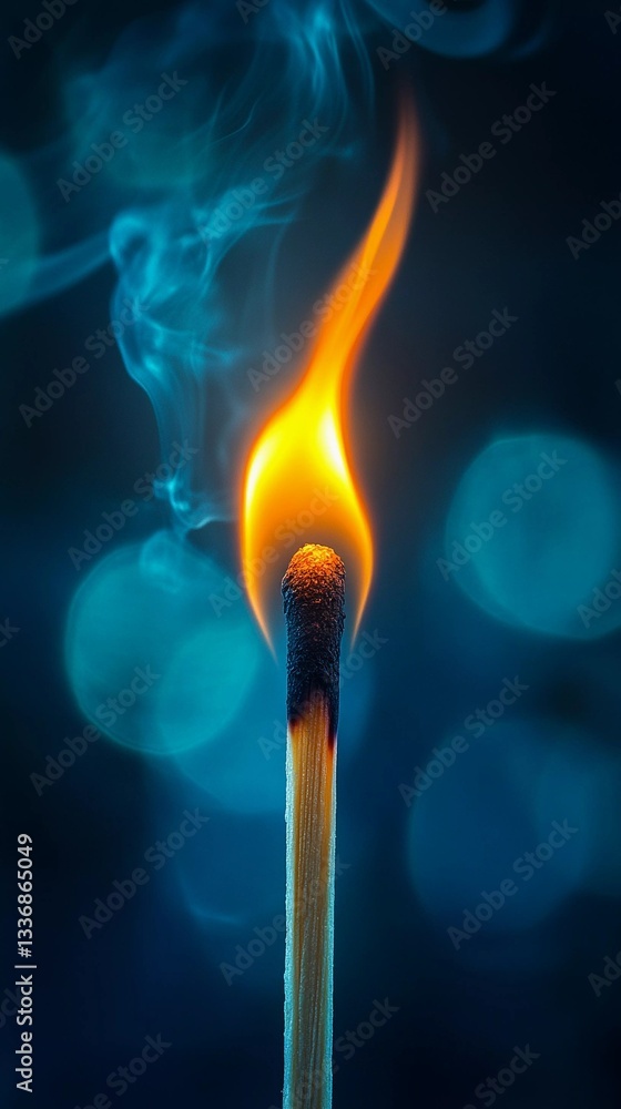 Close-up of a burning matchstick with glowing ember, illustrating fire concept, heat energy, and dynamic flame movement, perfect for visual storytelling, stylized comic illustration Close-up of a burning matchstick with glowing ember, illustrating fire concept, heat energy, and dynamic flame movement, perfect for visual storytelling, stylized comic illustration