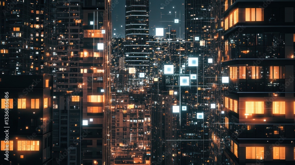 Futuristic city at night with digital network. Possible use Stock photo for technology, innovation, or urban design Futuristic city at night with digital network. Possible use Stock photo for technology, innovation, or urban design