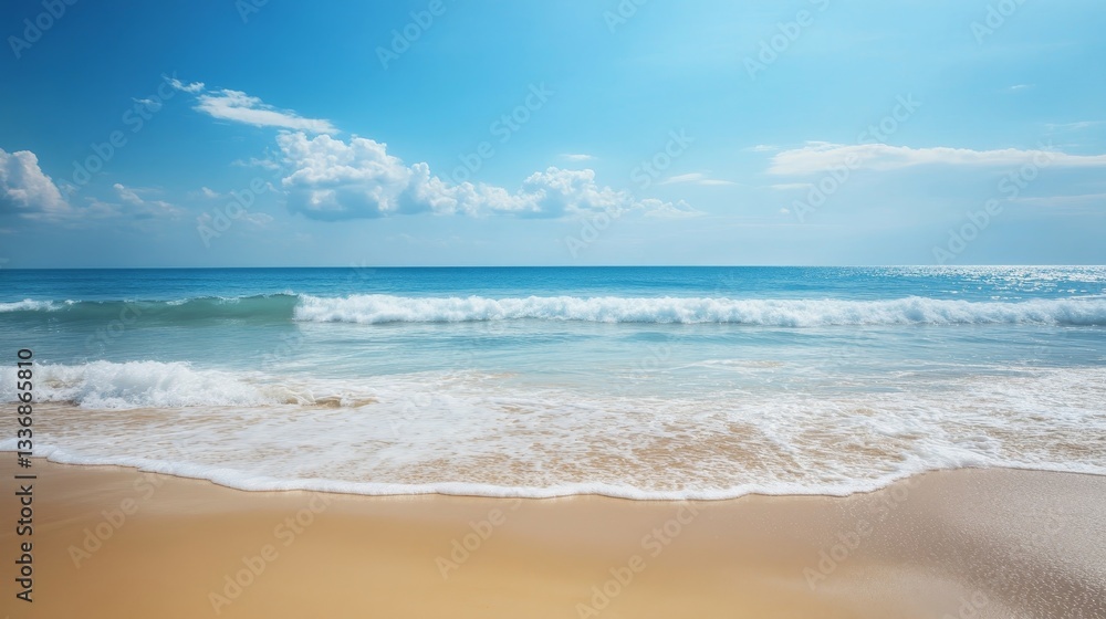 Serene sandy beach scene with softly blurred ocean waves creating a tranquil and calming atmosphere Serene sandy beach scene with softly blurred ocean waves creating a tranquil and calming atmosphere