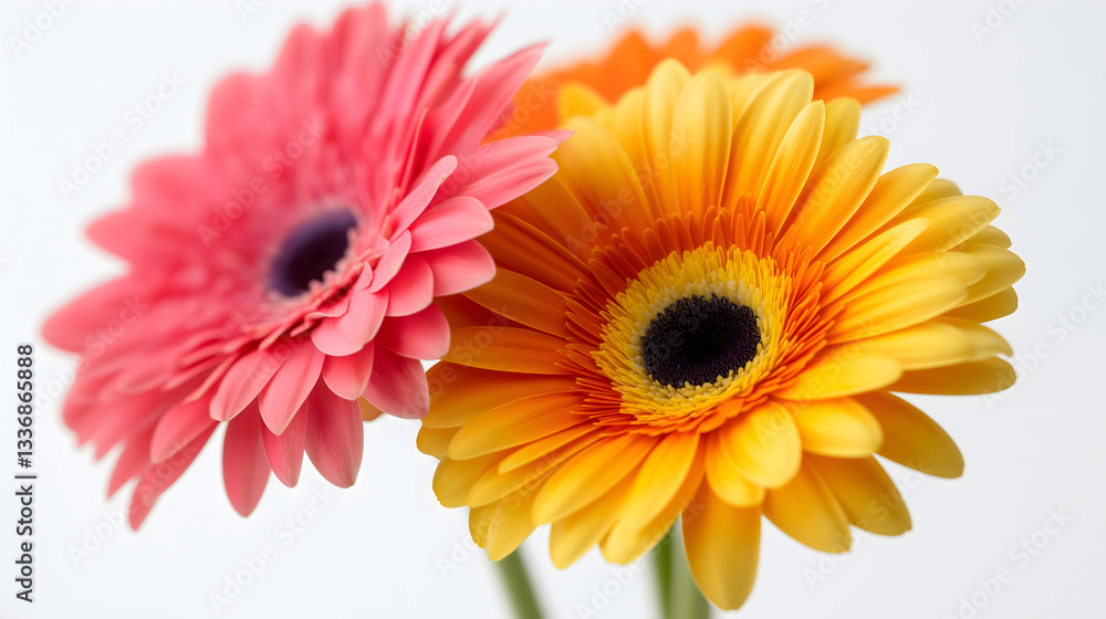 Three flowers are in a vase, with one pink and two yellow Three flowers are in a vase, with one pink and two yellow