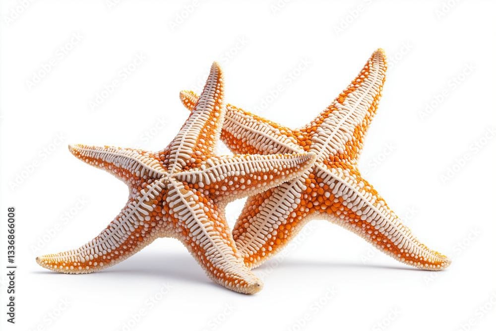 Two starfish with vibrant orange and white patterns, isolated on white background, showcasing their unique textures and shapes. Perfect for marine life themes Two starfish with vibrant orange and white patterns, isolated on white background, showcasing their unique textures and shapes. Perfect for marine life themes