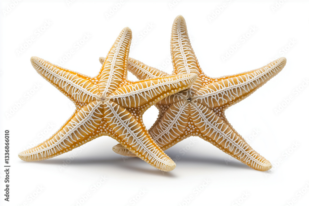 Two starfish with intricate patterns and vibrant colors, isolated on white background, showcasing their unique textures and shapes. Perfect for marine life themes Two starfish with intricate patterns and vibrant colors, isolated on white background, showcasing their unique textures and shapes. Perfect for marine life themes