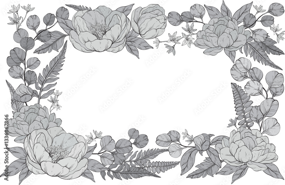 Fototapeta premium A monochrome floral vector illustration of a square frame adorned with lush delicate peonies, small flowers, and eucalyptus leaves, elegantly arranged with fern accents, set on white background
