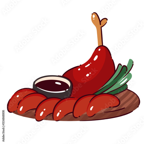 Peking duck, asian cuisine. Glazed fried poultry and roasted meat pieces with soy sauce bowl and green onion on round wooden board. Chinese meal, restaurant menu vector illustration in cartoon style