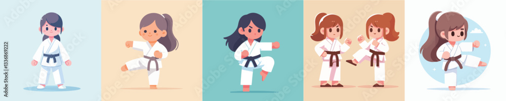 vector set of girls practicing karate vector set of girls practicing karate