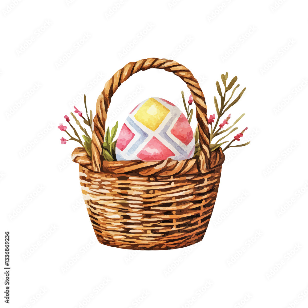 Watercolor Wicker Basket Filled with Easter Eggs and Blossoms Watercolor Wicker Basket Filled with Easter Eggs and Blossoms