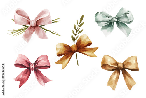 Set of bows painted in watercolor style isolated on white background