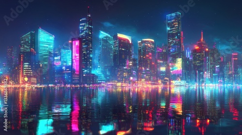 Wallpaper Mural Neon Cityscape at Night: A Futuristic Metropolis Reflecting in Calm Waters Torontodigital.ca