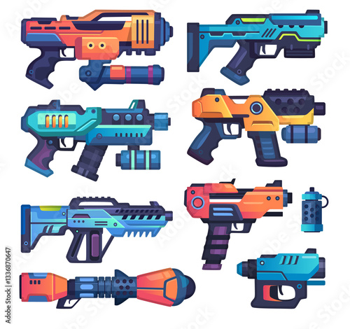 Blaster gun icon set in futuristic space design. Collection of laser handguns and rayguns for sci-fi and gaming themes. Cosmic weapon illustrations isolated on a white background. Vector collection.