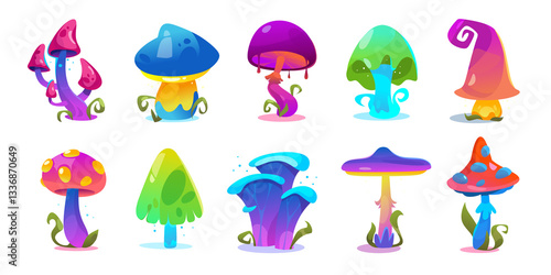 Set of fantasy glowing mushrooms and magical plants. Collection of luminous fungi, toadstools, and alien flora with neon light effects for fairy tale, sci-fi, fantasy themes. Vector illustration
