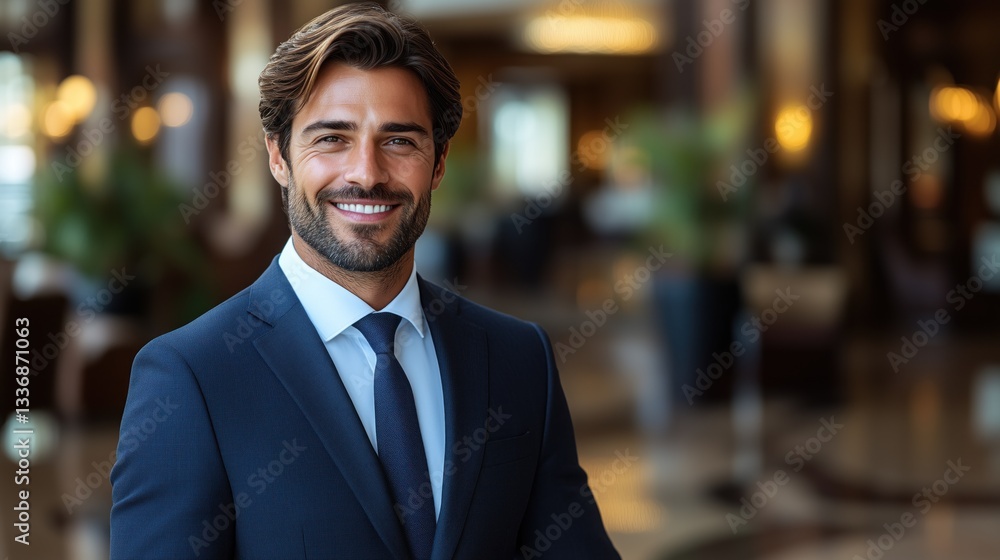 A man with stylish hair and a charming smile stands in a luxurious hotel lobby. He is dressed in a fitted suit and tie, exuding professionalism and confidence in a bright, upscale environment A man with stylish hair and a charming smile stands in a luxurious hotel lobby. He is dressed in a fitted suit and tie, exuding professionalism and confidence in a bright, upscale environment