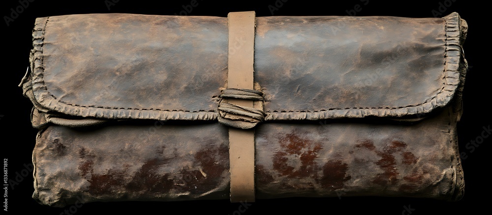 Aged leather satchel, closed, dark background