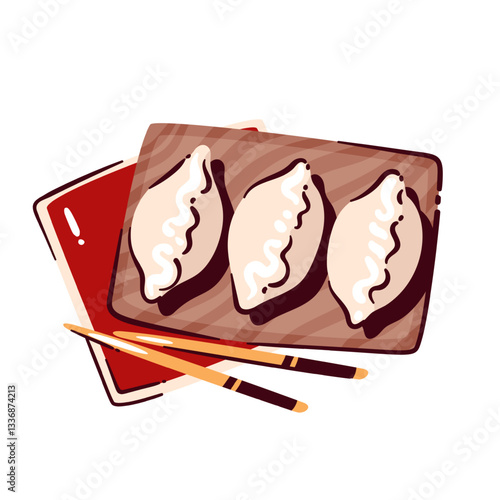 Gyoza, Japanese fried dumplings on plate with chopsticks. Dumplings serving for dinner or lunch, top view. Asian food, mascot, snack and appetizer cartoon vector illustration