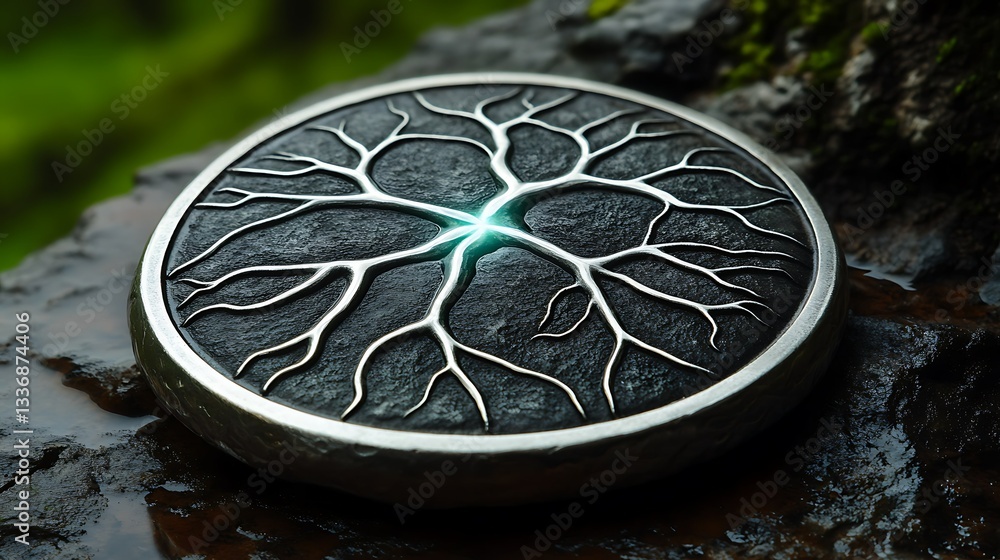 Glowing tree disc on mossy rock