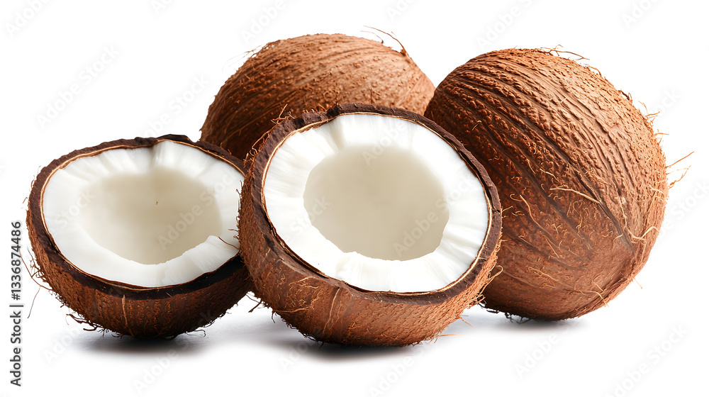 Three whole coconuts with one cut open Three whole coconuts with one cut open