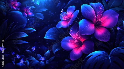 Glowing Pink and Blue Hibiscus Flowers in a Dark Tropical Night