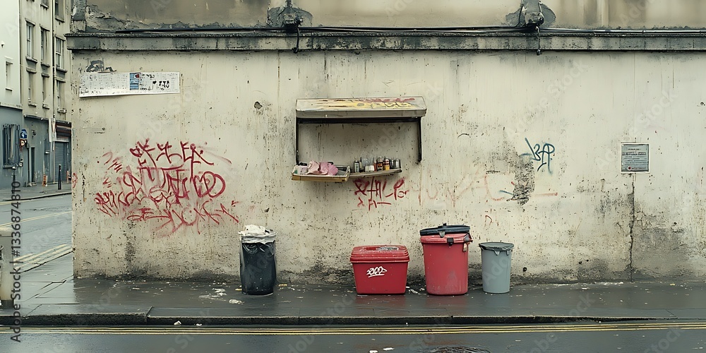 Urban alley, graffiti wall, bins, shelf
