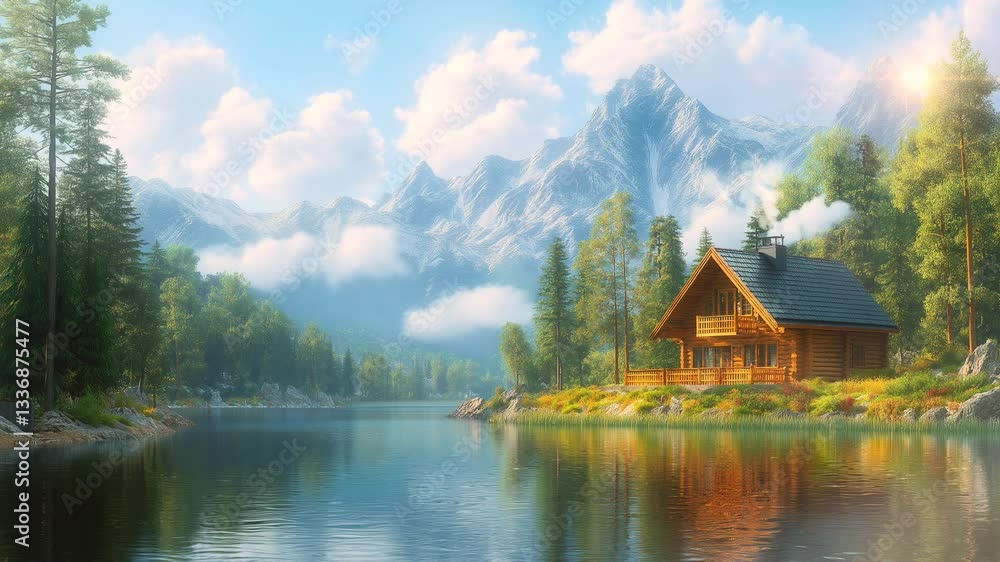 Idyllic log cabin nestled by a serene lake, surrounded by lush greenery and majestic snow-capped mountains under a vibrant sky, Seamless looping time lapse animation video background, lo-fi art. Idyllic log cabin nestled by a serene lake, surrounded by lush greenery and majestic snow-capped mountains under a vibrant sky, Seamless looping time lapse animation video background, lo-fi art.