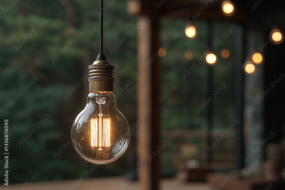 Obraz premium A close-up of a vintage Edison-style filament light bulb suspended in mid-air, softly glowing against a dark, moody background