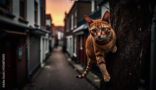 Fototapeta Naklejka Na Ścianę i Meble -  a cat is climbing up a tree in a narrow street in a small town
