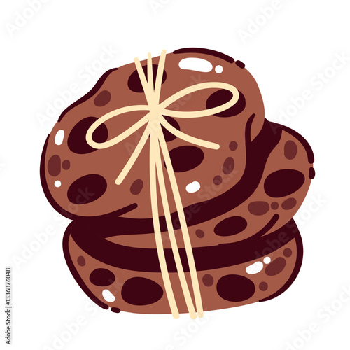 Stack of chocolate chip cookies. Sweet biscuits pile with rope bow. Bakery, dessert, calorie mascot, stacked tasty shortbread cookies for coffee or tea cartoon vector illustration