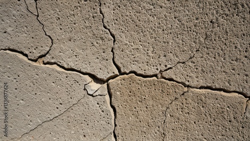 Cracked concrete surface showing weathered texture and structural damage. Ideal for renovation projects.