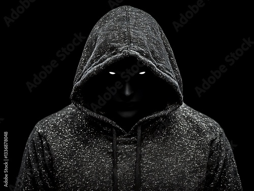 A mysterious figure wearing a hooded sweatshirt against a black background