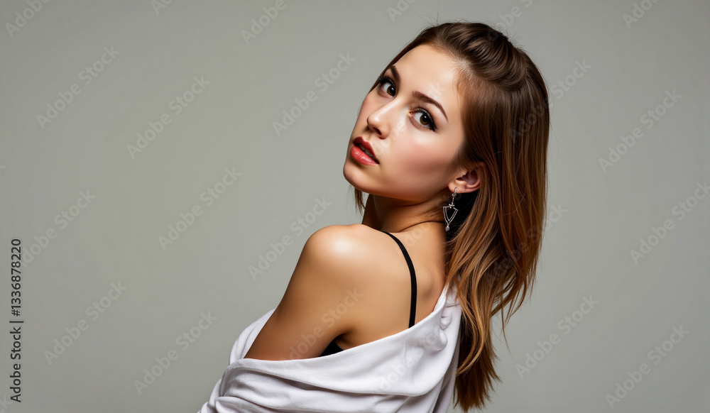 Fototapeta premium a woman in a white dress sitting on a stool with her hands on her hips