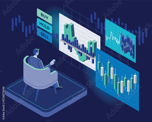 Design concept of stock exchange and trader in action. Financial market business with graph chart analysis. Isometric vector illustrations.