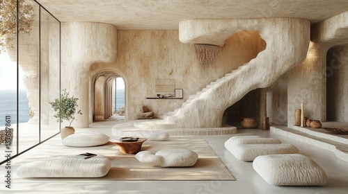 Coastal cave home interior with ocean view, seating area, and staircase