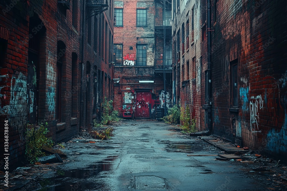 Fototapeta premium An atmospheric view of a narrow urban brick alleyway