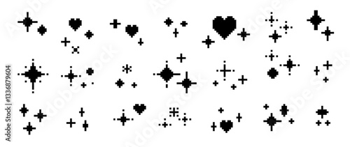 Pixel sparkling stars and hearts in pixel art style. Collection of glittering sparkles in Mood of 90's aesthetics. Y2K 8-bit retro style vector elements.