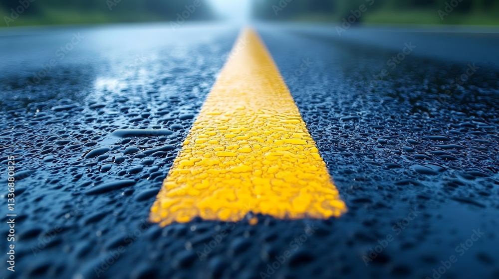 Wet road, yellow line, rain, journey