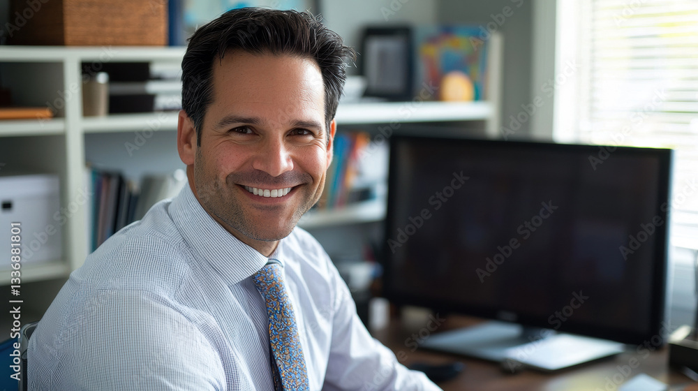 Fototapeta premium Upbeat man in his 40s with dark hair, wearing a tie, smiling in a home office with a large monitor and organized shelves in the back