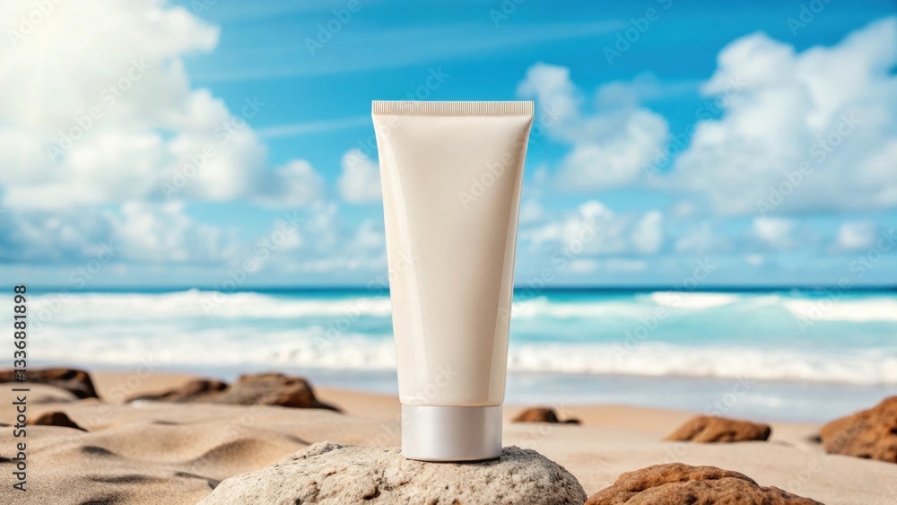 Sunscreen tube on sandy beach with ocean and cloudy sky in the background. Sunscreen tube on sandy beach with ocean and cloudy sky in the background.