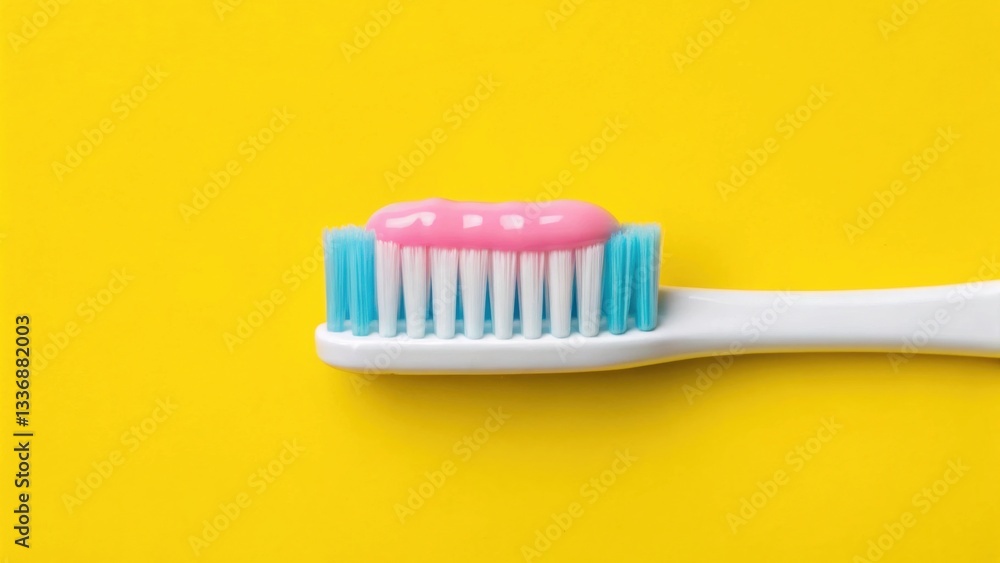 Bright yellow background with a toothbrush topped with pink toothpaste. Bright yellow background with a toothbrush topped with pink toothpaste.