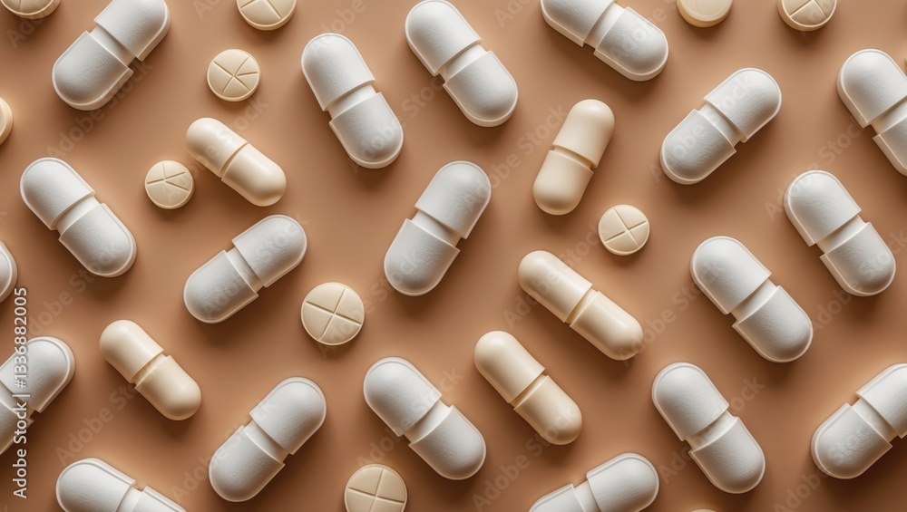 An array of beige and white capsules and tablets scattered on a warm tan background, symbolizing health and wellness An array of beige and white capsules and tablets scattered on a warm tan background, symbolizing health and wellness