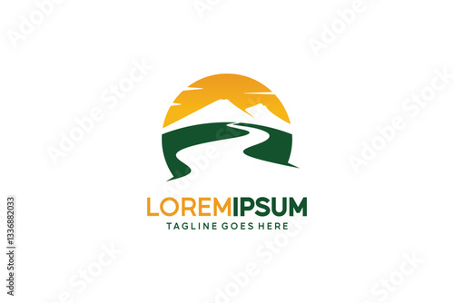 Vector illustration of green road or river logo design with mountains