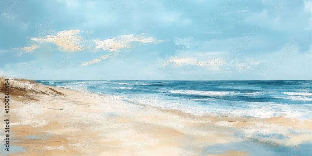 Fototapeta premium Seashore Serenity: A serene panorama of a sandy beach, where the sea waves meet the sky, painted with gentle brushstrokes creating an impression of peace. 