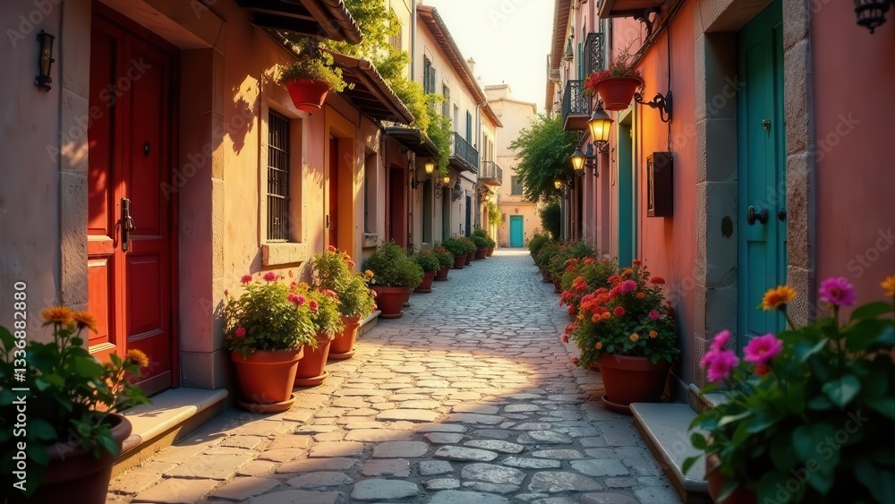 Fototapeta premium Sunlit Cobblestone Lane with Vibrant Flower Pots and Colorful Doors