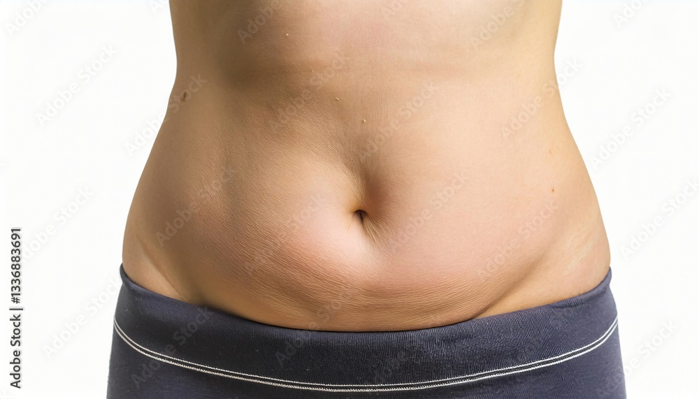 Naklejka premium a rounded belly with a prominent crease where the skin folds naturally, soft abdominal fat, weight gain, untoned stomach, female midsection, in isolated clean white background, no shadow 