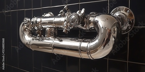 Obraz na płótnie Polished chrome pipes on tiled wall w salonie